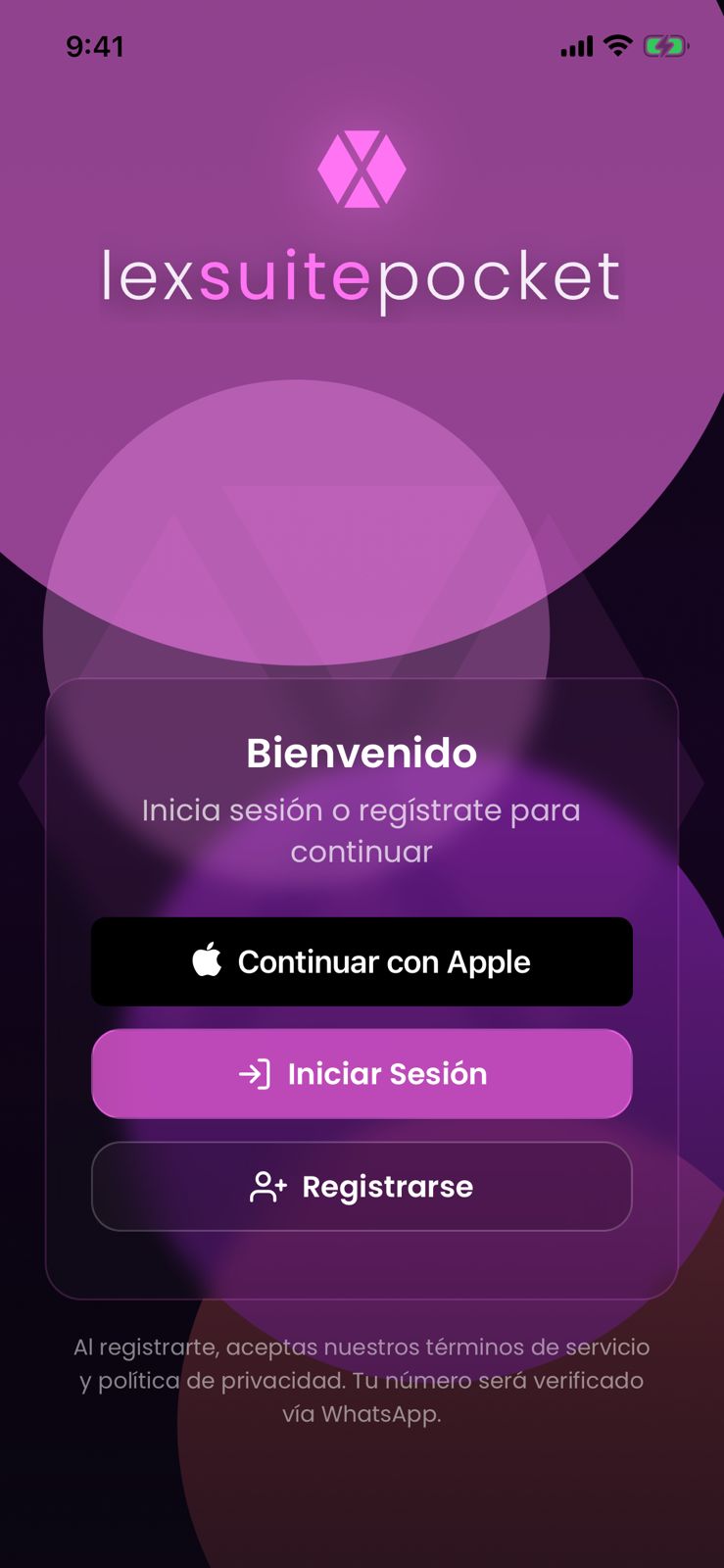 lexsuitepocket — pantalla de bienvenida de la app